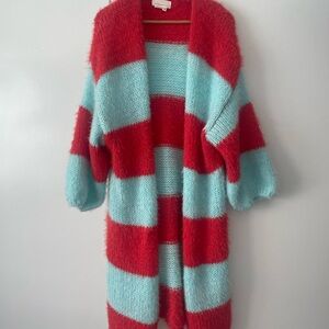 Anthropologie Chunky Stripe Open-Front Cardigan - Red & Light Blue